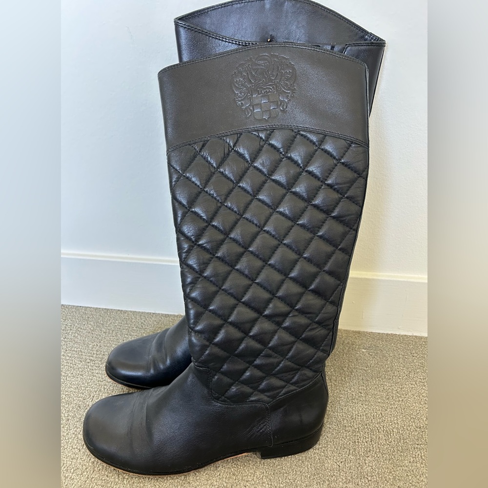Vince Camuto Black Quilted Leather Riding Knee High Boots, Size 9/39
